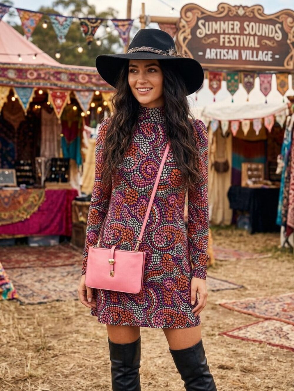 2 items - Multicolor Abstract Dot Tie-Neck Dress & Pink Crossbody Vintage Style